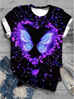 Fashion Regular Butterfly Print Round Neck Short Sleeve Tops - Image 3