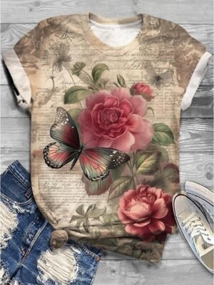 Fashion Regular Butterfly Print Round Neck Short Sleeve Tops - Image 4