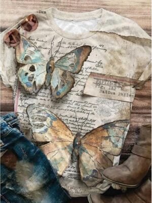 Fashion Regular Butterfly Print Round Neck Short Sleeve Tops - Image 5