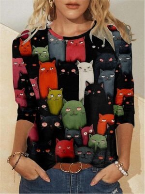 Fashion Regular Cat Print Round Neck Long Sleeve Top - Image 1
