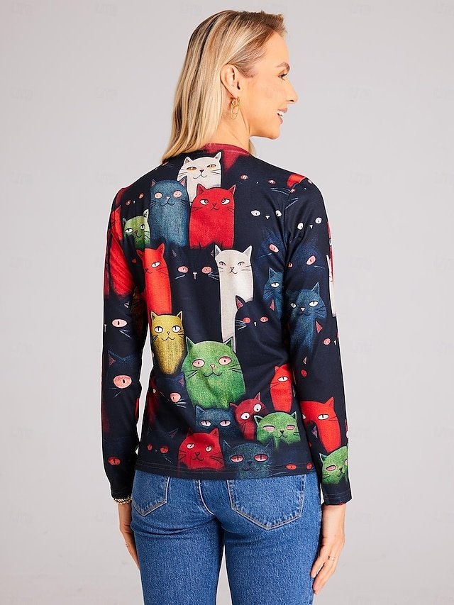 Fashion Regular Cat Print Round Neck Long Sleeve Top - Image 2