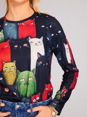 Fashion Regular Cat Print Round Neck Long Sleeve Top - Image 3