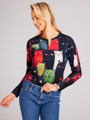 Fashion Regular Cat Print Round Neck Long Sleeve Top - Image 5