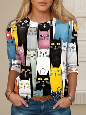 Fashion Regular Cat Print Round Neck Long Sleeve Top - Image 6