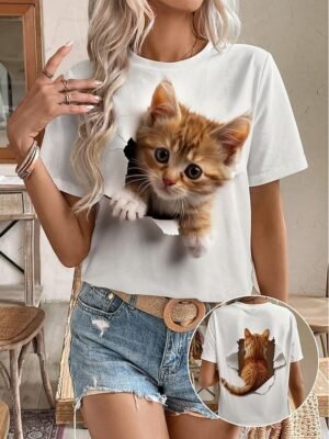 Fashion Regular Cat Print Round Neck Short Sleeve Top - Image 1