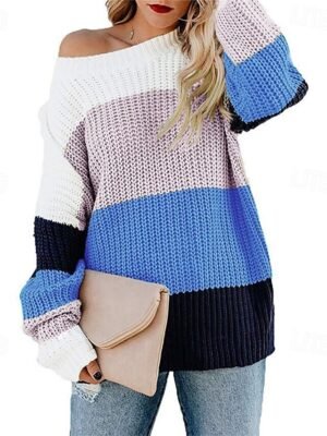 Fashion Regular Colour Block Crew Neck Long Sleeve Knit Top - Image 1