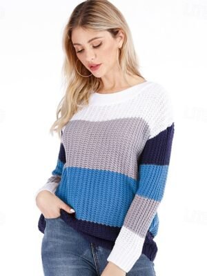 Fashion Regular Colour Block Crew Neck Long Sleeve Knit Top - Image 2