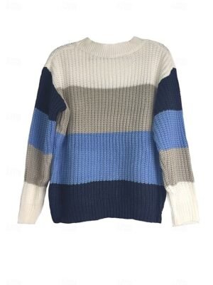 Fashion Regular Colour Block Crew Neck Long Sleeve Knit Top - Image 3