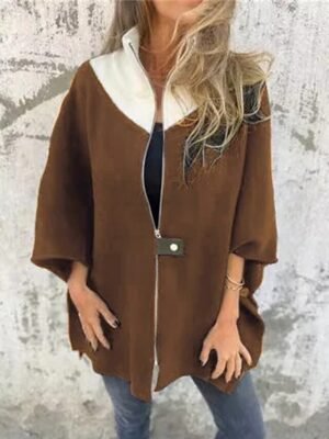 Fashion Regular Fit Colour Block Stand Collar 3/4 Sleeve Coat - Image 8