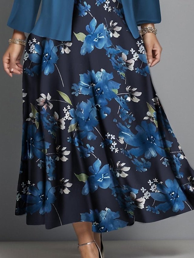 Fashion Regular Fit Floral Crew Neck Long Sleeve Midi Dress Set - Image 2