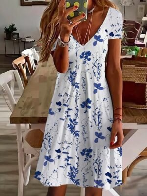 Fashion Regular Fit Floral V Neck Short Sleeve Mini Dress - Image 1