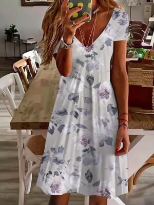 Fashion Regular Fit Floral V Neck Short Sleeve Mini Dress - Image 2