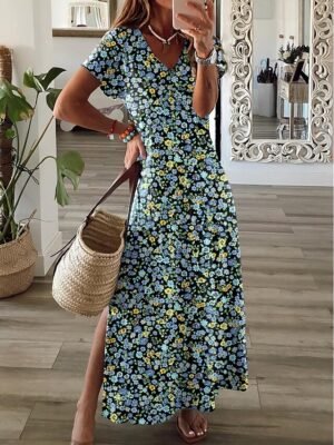 Fashion Regular Fit Floral V Neck Short Sleeve Maxi Dress - Image 7