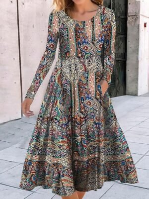 Fashion Regular Fit Geometric Crew Neck Long Sleeve Midi Dress - Image 1