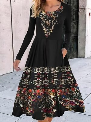 Fashion Regular Fit Geometric Crew Neck Long Sleeve Midi Dress - Image 5