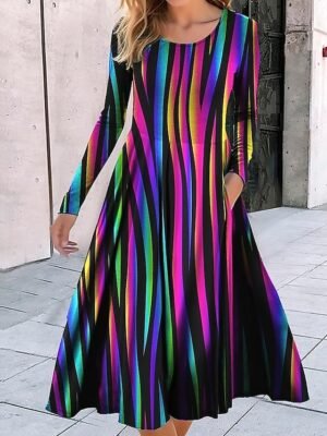 Fashion Regular Fit Geometric Crew Neck Long Sleeve Midi Dress - Image 6