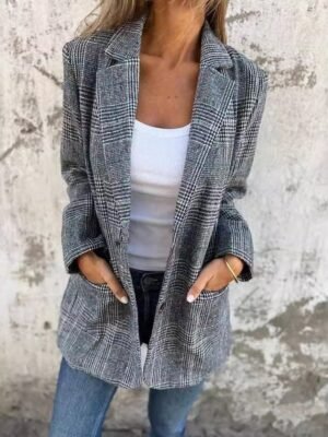 Fashion Regular Fit Houndstooth Turndown Long Sleeve Blazer - Image 2