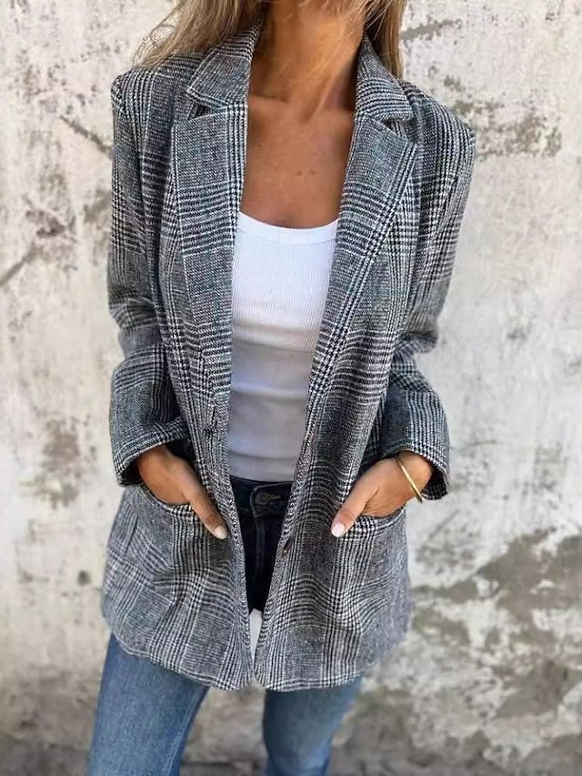 Fashion Regular Fit Houndstooth Turndown Long Sleeve Blazer - Image 2