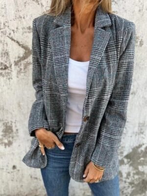 Fashion Regular Fit Houndstooth Turndown Long Sleeve Blazer - Image 3