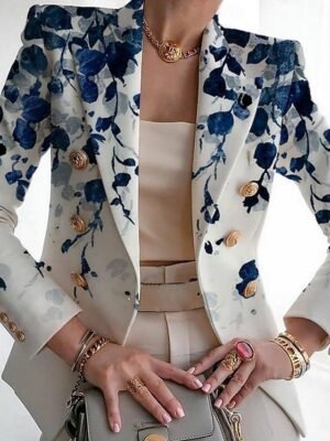 Fashion Regular Fit Leaf Print Turndown Long Sleeve Blazer - Image 6