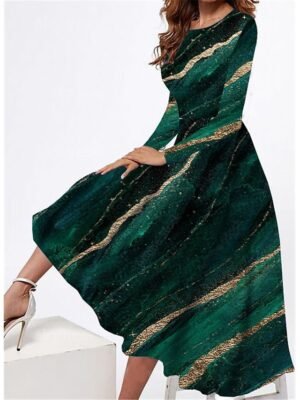 Fashion Regular Fit Marble Crew Neck Long Sleeve Midi Dress - Image 1