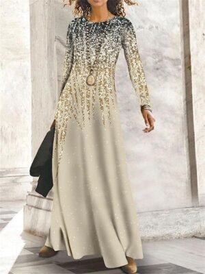 Fashion Regular Fit Ombre Crew Neck Long Sleeve Maxi Dress - Image 1