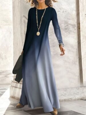 Fashion Regular Fit Ombre Crew Neck Long Sleeve Maxi Dress - Image 3