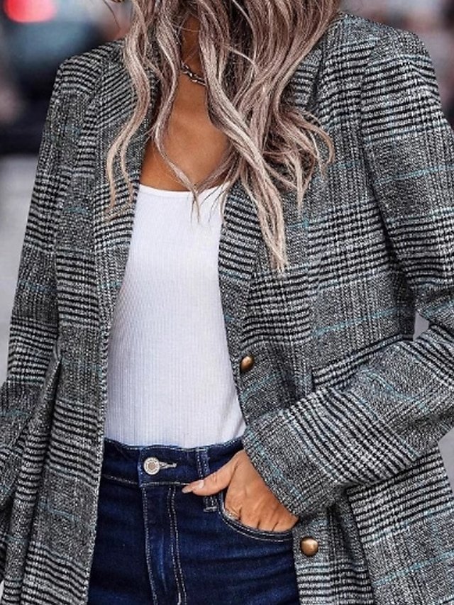 Fashion Regular Fit Plaid Turndown Long Sleeve Blazer - Image 2