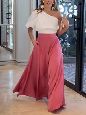 Fashion Regular Fit Plain One Shoulder Half Sleeve Maxi Dress Set - Image 1