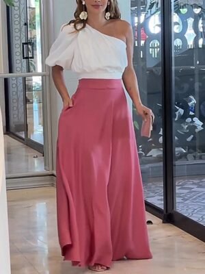 Fashion Regular Fit Plain One Shoulder Half Sleeve Maxi Dress Set - Image 2