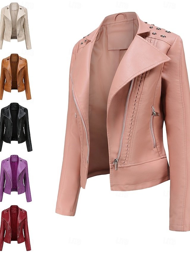 Fashion Regular Fit Plain Stand Collar Long Sleeve Faux Leather Jacket - Image 1