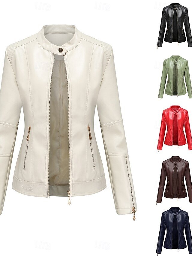 Fashion Regular Fit Plain Stand Collar Long Sleeve Faux Leather Jacket - Image 1