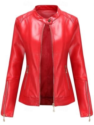 Fashion Regular Fit Plain Stand Collar Long Sleeve Faux Leather Jacket - Image 10