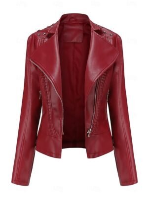 Fashion Regular Fit Plain Stand Collar Long Sleeve Faux Leather Jacket - Image 10
