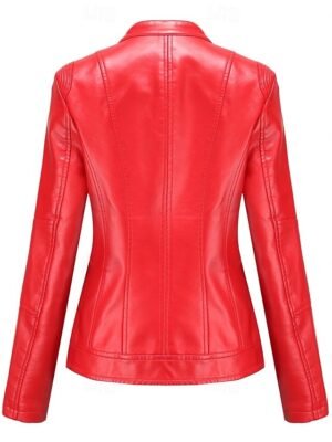 Fashion Regular Fit Plain Stand Collar Long Sleeve Faux Leather Jacket - Image 11