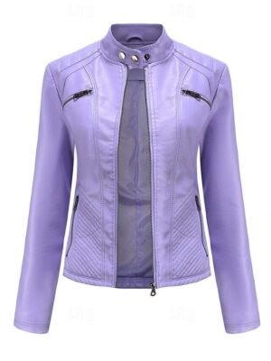 Fashion Regular Fit Plain Stand Collar Long Sleeve Faux Leather Jacket - Image 12