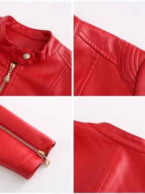 Fashion Regular Fit Plain Stand Collar Long Sleeve Faux Leather Jacket - Image 12