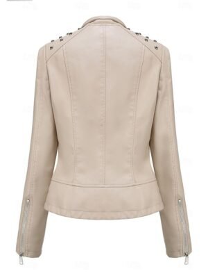 Fashion Regular Fit Plain Stand Collar Long Sleeve Faux Leather Jacket - Image 13