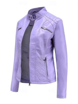 Fashion Regular Fit Plain Stand Collar Long Sleeve Faux Leather Jacket - Image 13