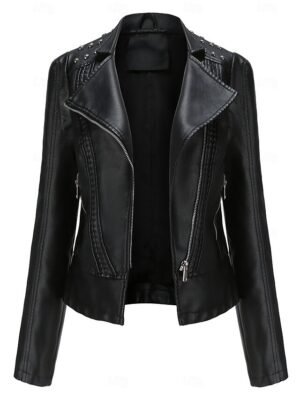 Fashion Regular Fit Plain Stand Collar Long Sleeve Faux Leather Jacket - Image 14