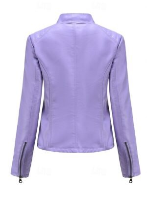 Fashion Regular Fit Plain Stand Collar Long Sleeve Faux Leather Jacket - Image 14