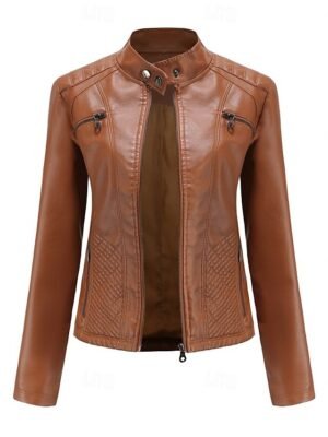 Fashion Regular Fit Plain Stand Collar Long Sleeve Faux Leather Jacket - Image 15