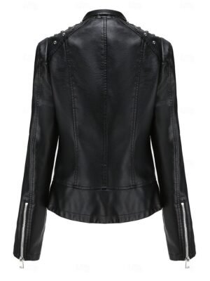 Fashion Regular Fit Plain Stand Collar Long Sleeve Faux Leather Jacket - Image 15
