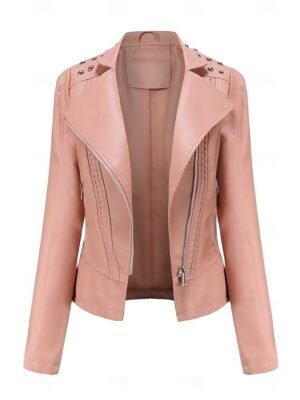 Fashion Regular Fit Plain Stand Collar Long Sleeve Faux Leather Jacket - Image 16