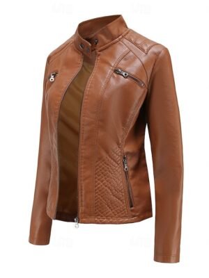 Fashion Regular Fit Plain Stand Collar Long Sleeve Faux Leather Jacket - Image 16