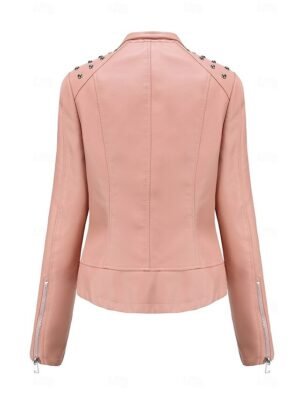 Fashion Regular Fit Plain Stand Collar Long Sleeve Faux Leather Jacket - Image 17