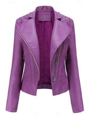 Fashion Regular Fit Plain Stand Collar Long Sleeve Faux Leather Jacket - Image 18