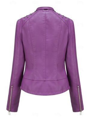 Fashion Regular Fit Plain Stand Collar Long Sleeve Faux Leather Jacket - Image 19