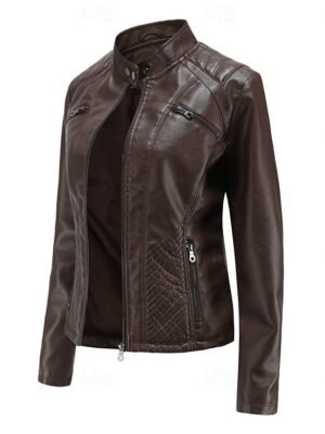 Fashion Regular Fit Plain Stand Collar Long Sleeve Faux Leather Jacket - Image 19