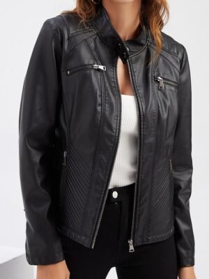 Fashion Regular Fit Plain Stand Collar Long Sleeve Faux Leather Jacket - Image 2